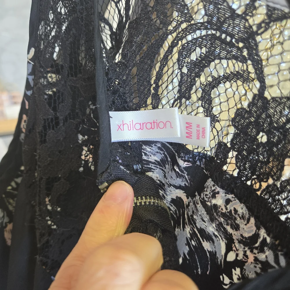 Floral Lace Yoke Fit & Flare Dress - Black with Lavender Floral - Picture 2 of 4
